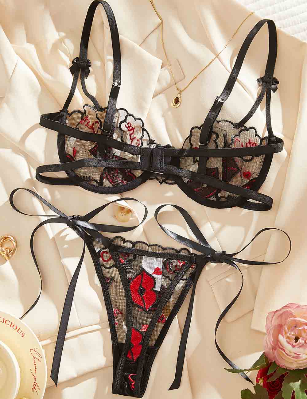 Ladies Sexy Lips Embroidery Tie Bra Thong Lingerie Set