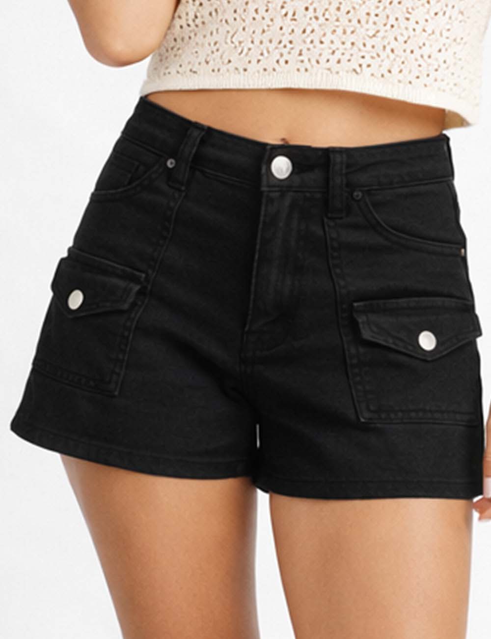 Ladies Solid Color Pockets Denim Shorts