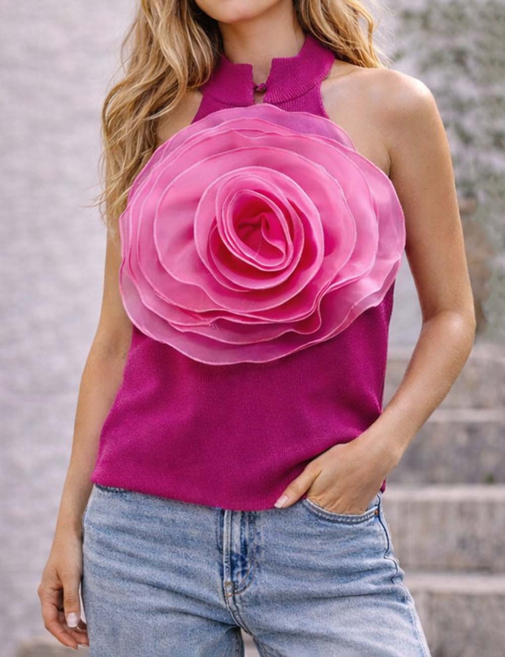 Ladies 3D Flower Halter Sleeveless Knit Top