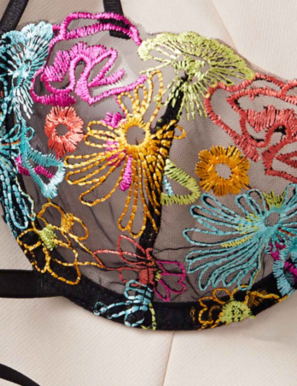 Ladies Sexy Embroidery See Sheer Tie Thong Lingerie Set