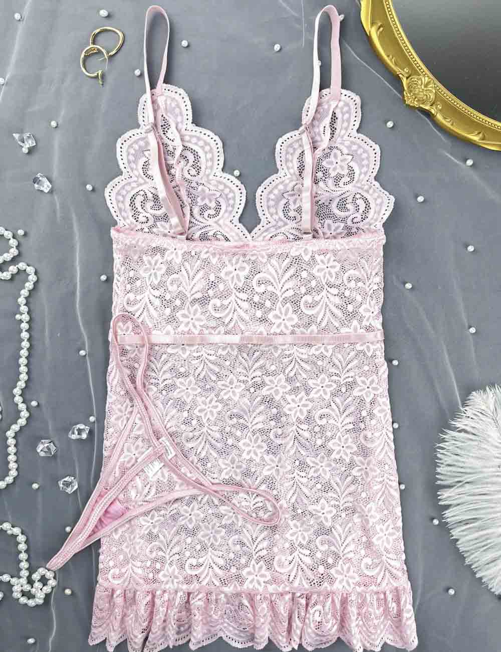 Ladies Floral Embroidery Hollow Out Chemise Set 8HF4344