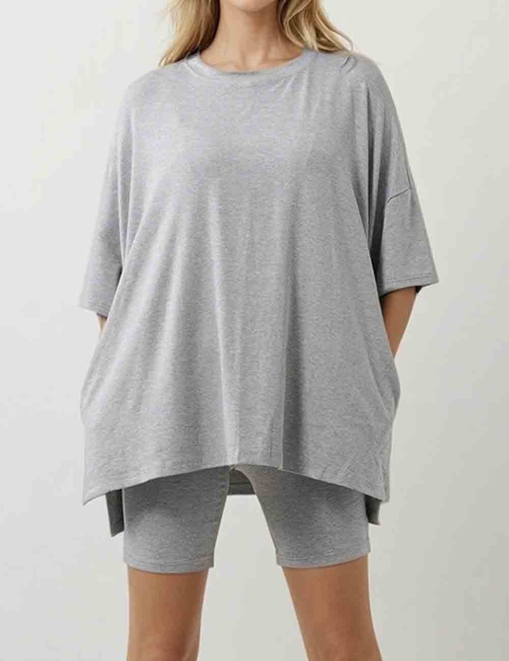 Ladies Solid Loungewear Outfits Loose Top & Slim Shorts Set
