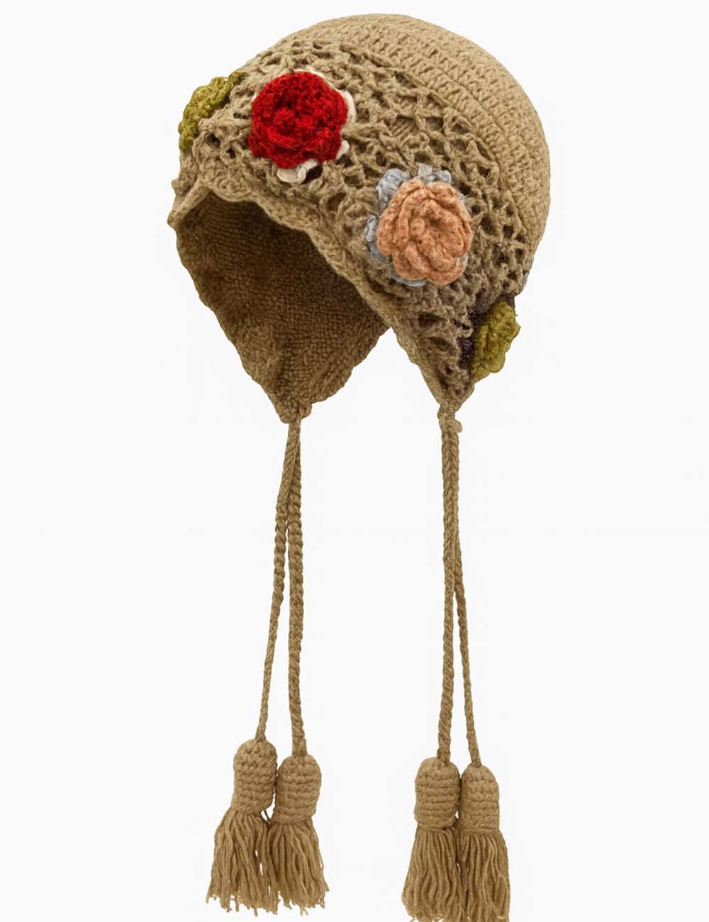 Ladies 3D Floral Crochet Knit Hollow Out Tassel Hat