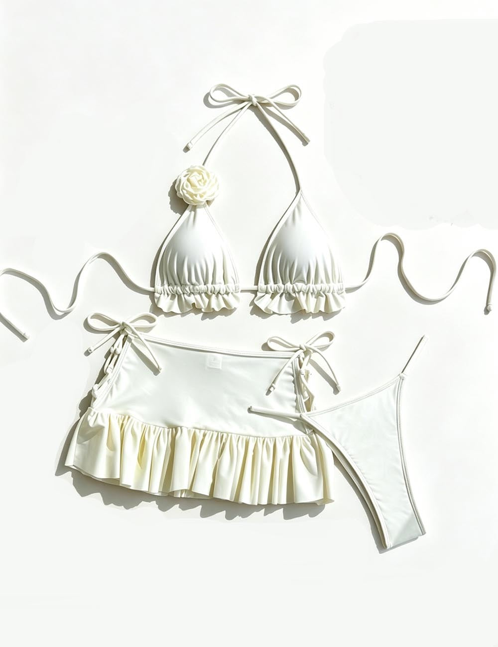 Ladies Floral Strap Ruffle Triangle Bikini Set With Mini Cover Up Skirt