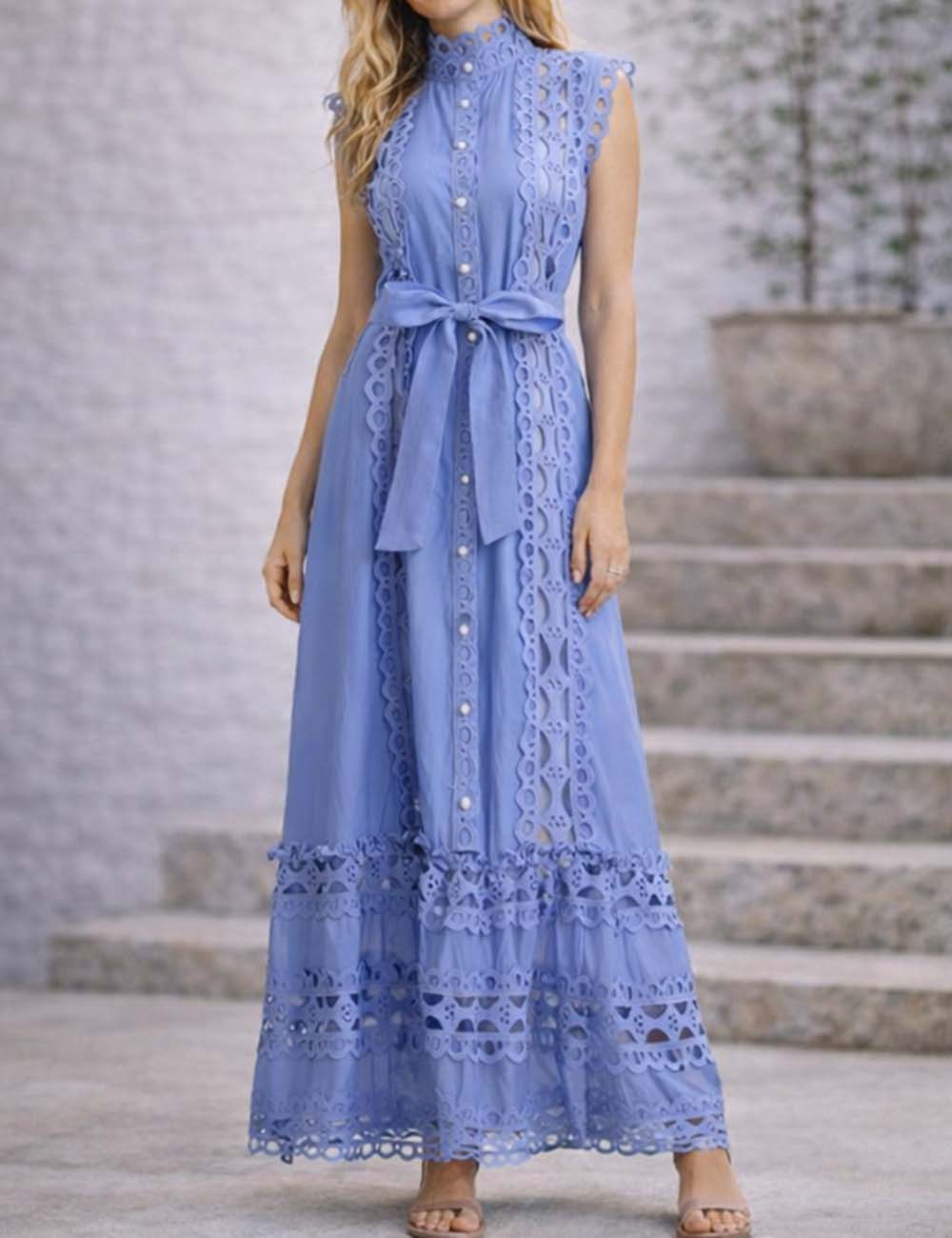Ladies Embroidery Eyelet Button Down Belted Maxi Dress