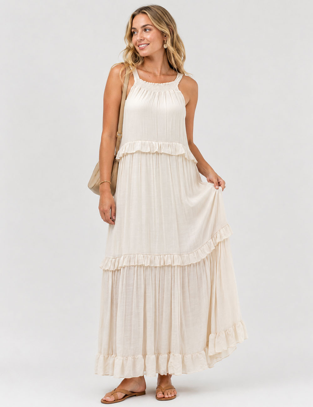 Ladies Boho Ruffle Tiered Hem Sleeveless Solid Color Maxi Dress