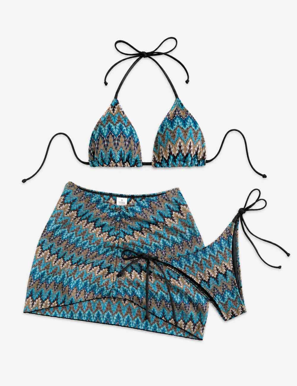 Ladies Wave Striped Knit Triangle Bikini Set with Cover Up Skirt