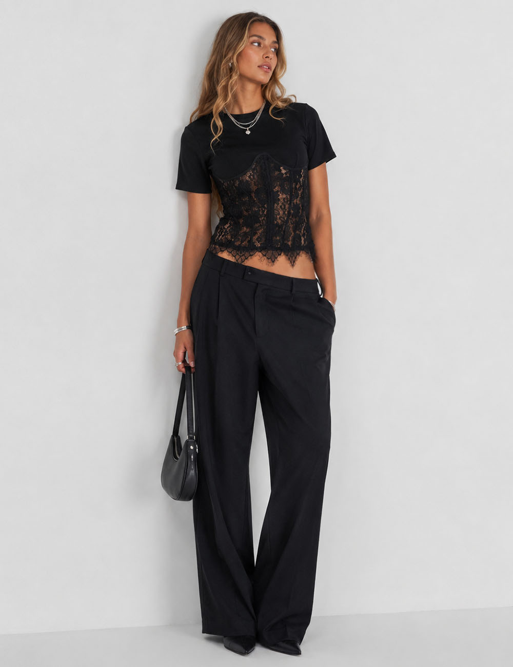 Ladies Lace Scalloped Hem Round Neck Short Sleeves Top