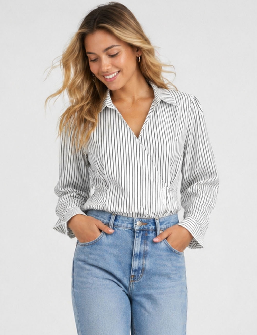 Ladies Striped Wrap V-Neck Tie Waist Long Sleeves Blouse