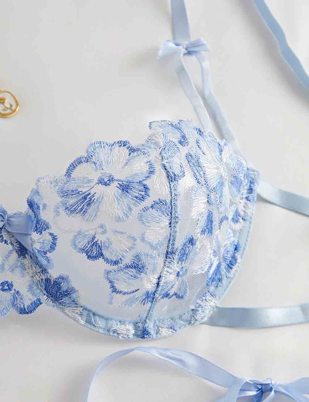 Ladies Floral Embroidery See Through 2PCS Lingerie Set 8XX0110