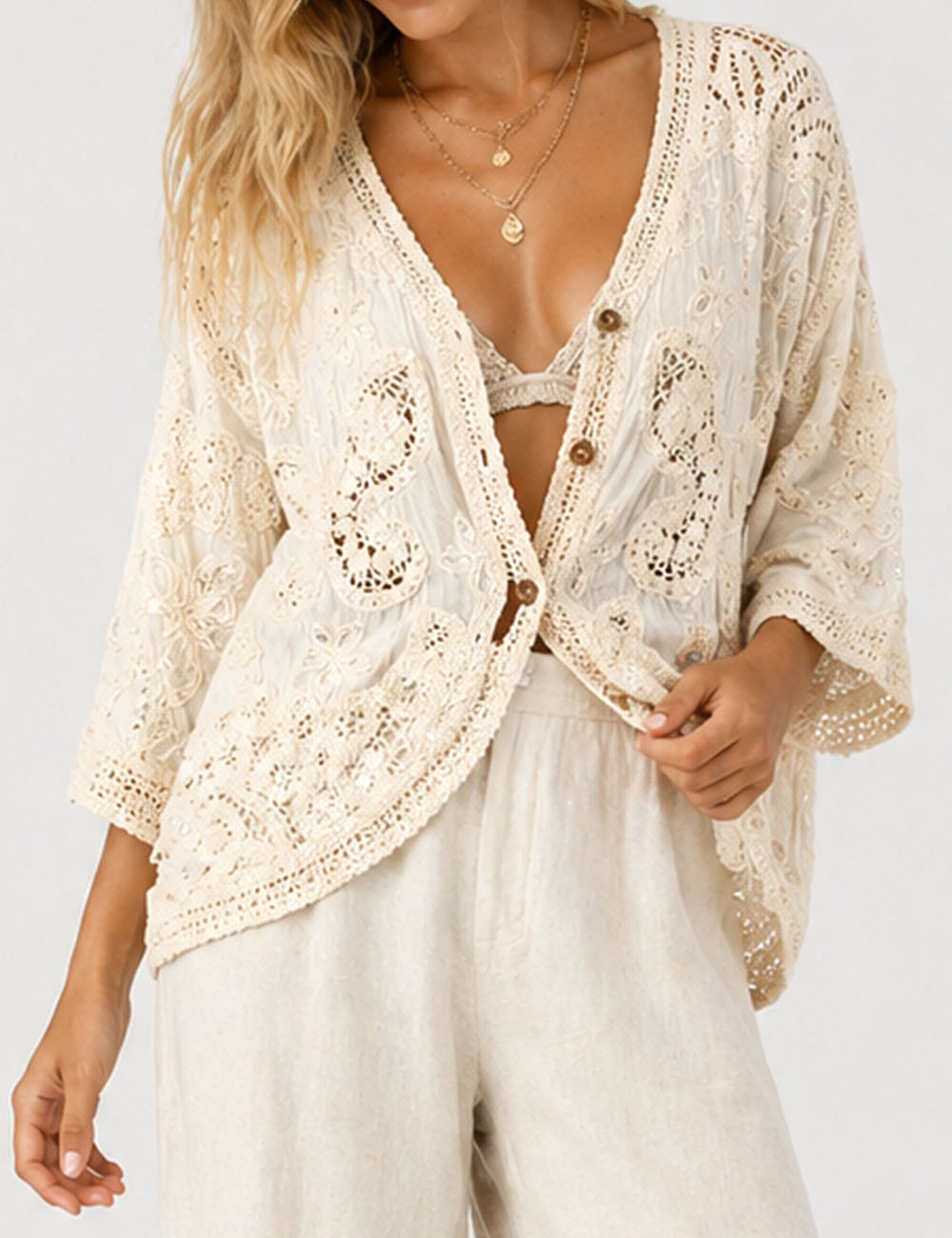 Ladies Crochet Embroidered Kimono Sleeves Cardigan
