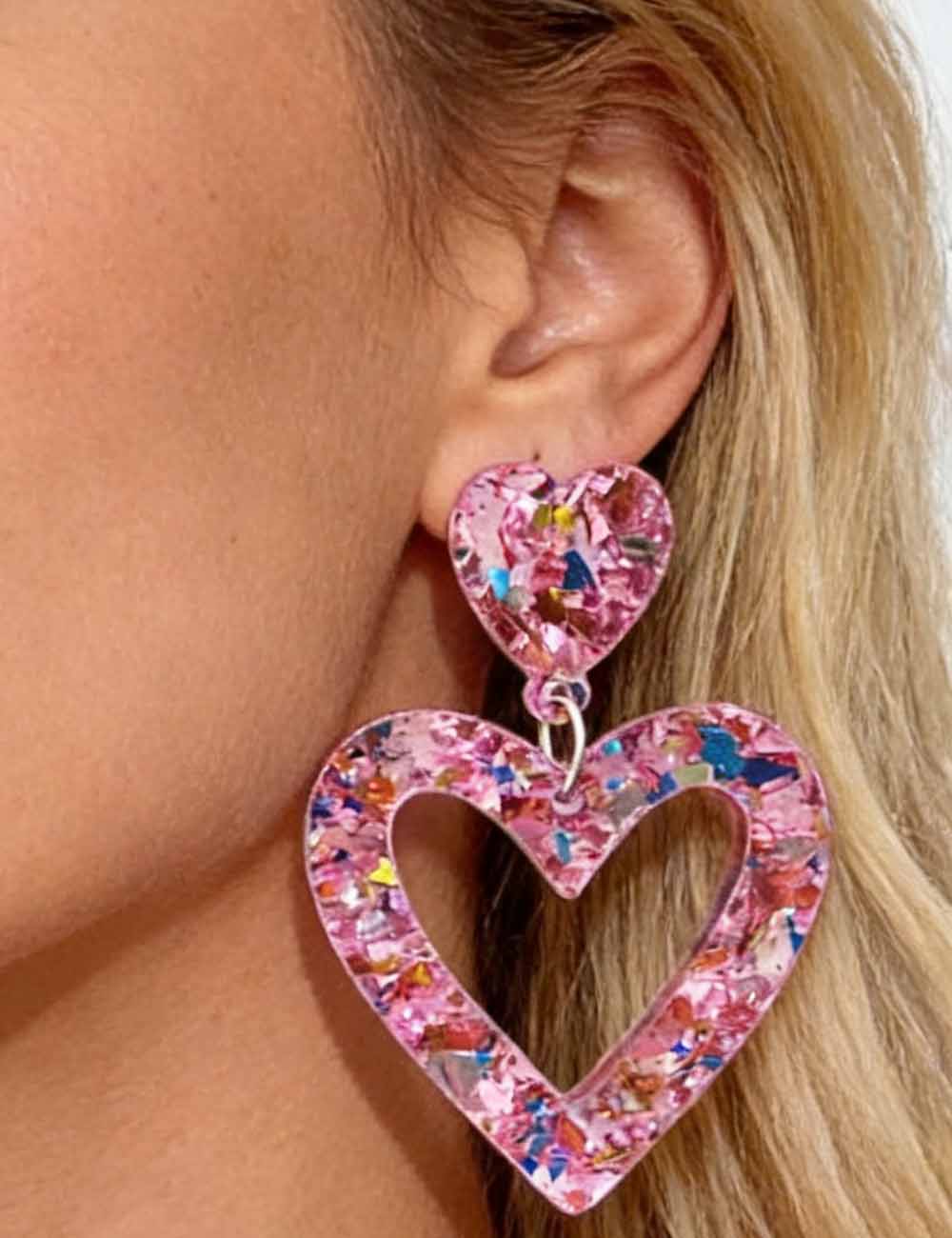 Ladies Valentine's Acrylic Double Heart Hollow Pendant Earrings
