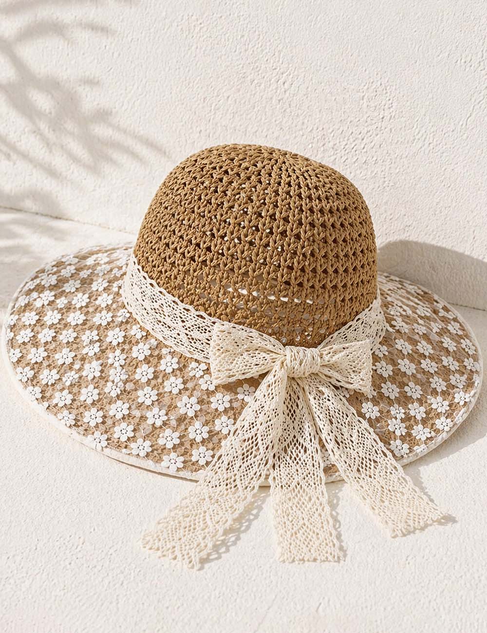Ladies Boho Floral Lace Wide Brim Bow Straw Beach Hat