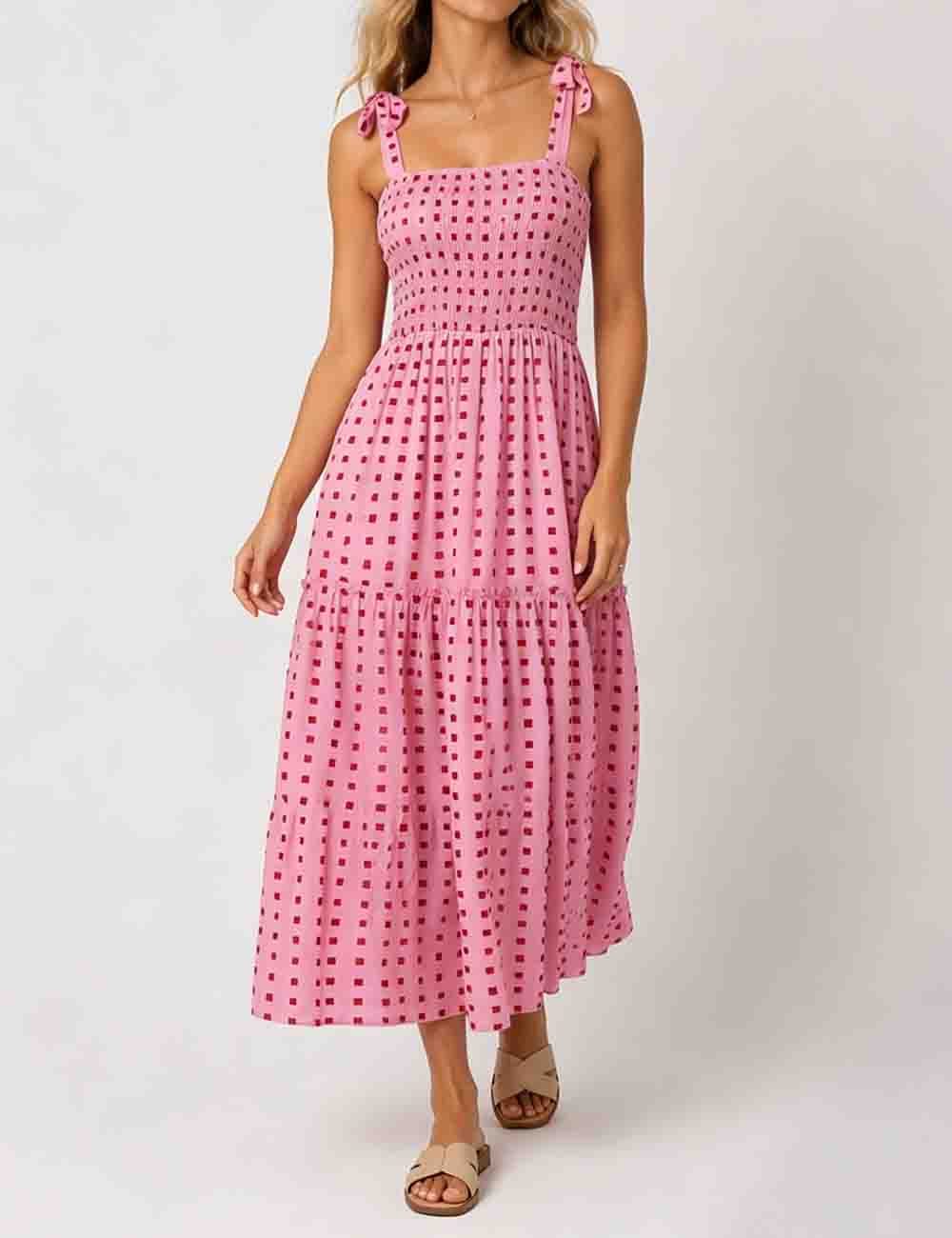 Ladies Abstract Print Smocked Tie Strap Square Neck Midi Dress