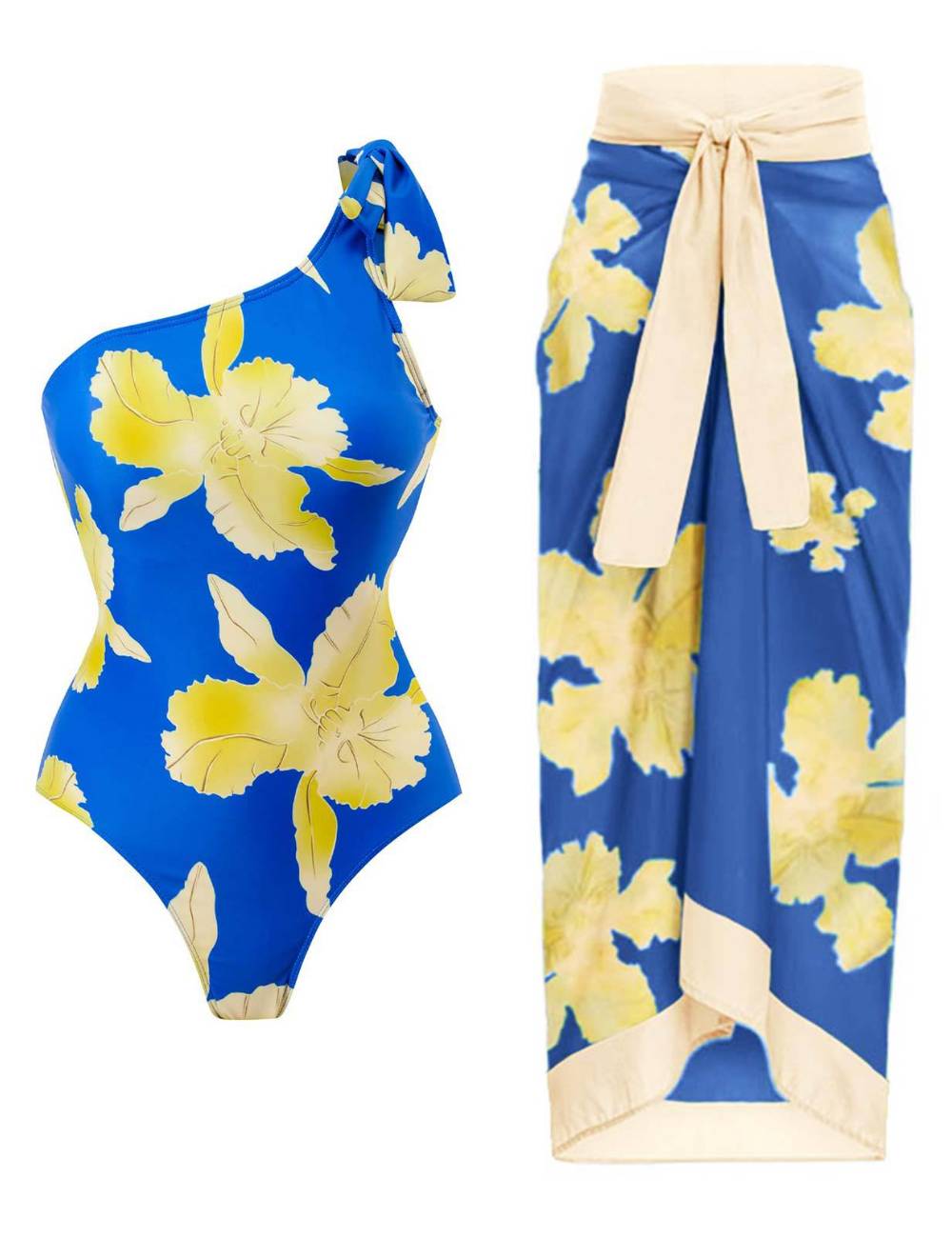 Floral Print One Shoulder One Piece with Cover SKSW40131