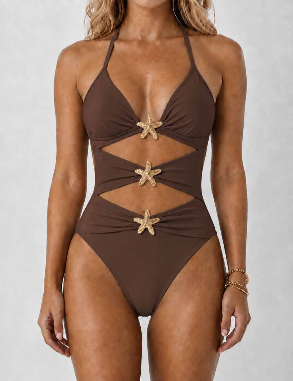 Ladies Gold Starfish Embellishment One Piece Swimsuit