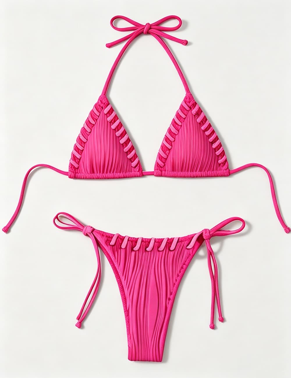 Ladies Contrast Stitch Ribbed Halter Triangle 2 Piece Bikini Set