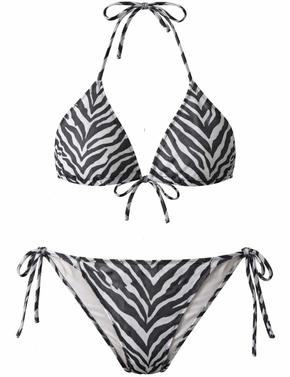 Ladies Zebra Print Swimwear Halter Triangle Bikini Set