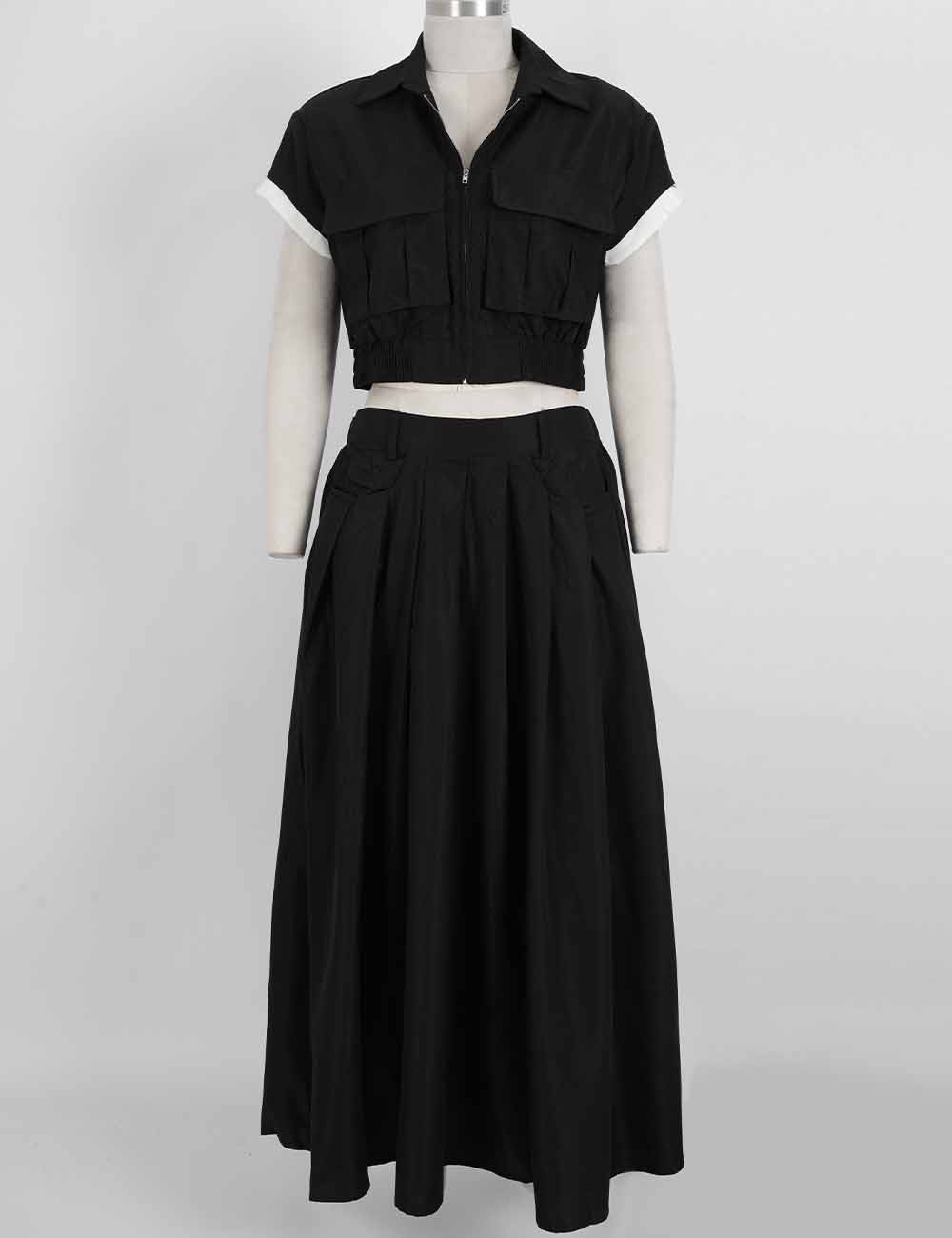 Ladies Zip-Up Utility Pocket Jacket Top & Maxi Skirt Matching Set