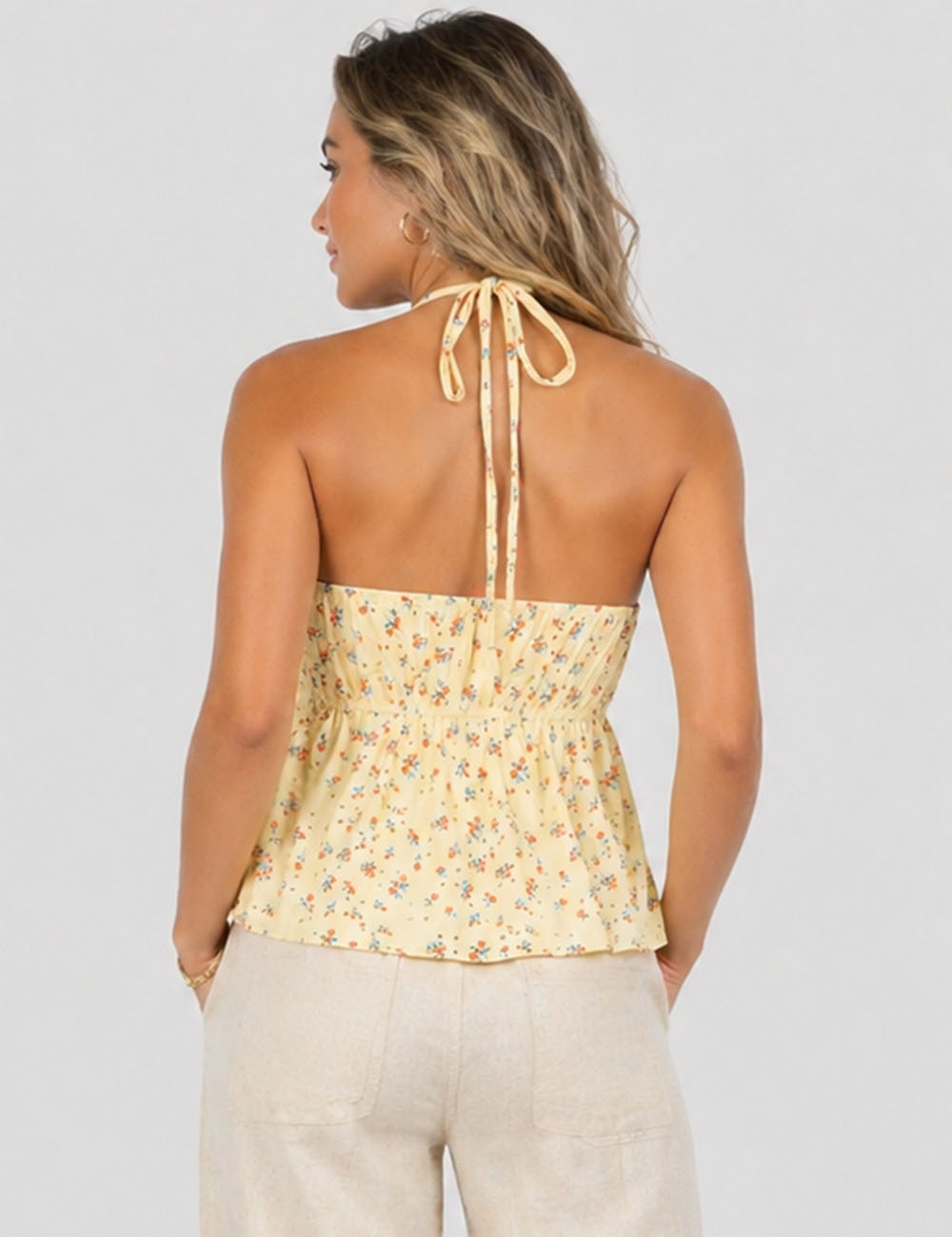 Ladies Floral Print Eyelet Halter Sleeveless Top