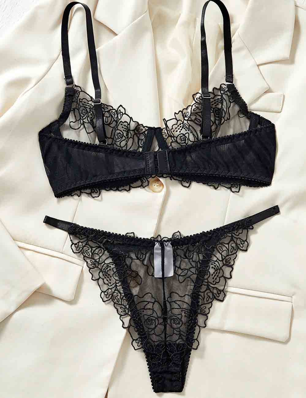 Ladies Floral Embroidery See Through 2PCS Lingerie Set 8XY6138