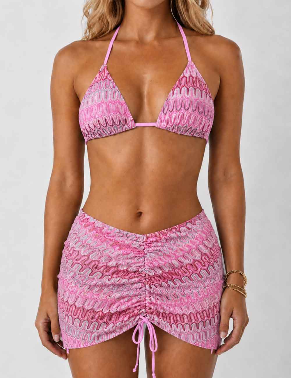 Ladies Wave Striped Knit Triangle Bikini Set with Cover Up Skirt