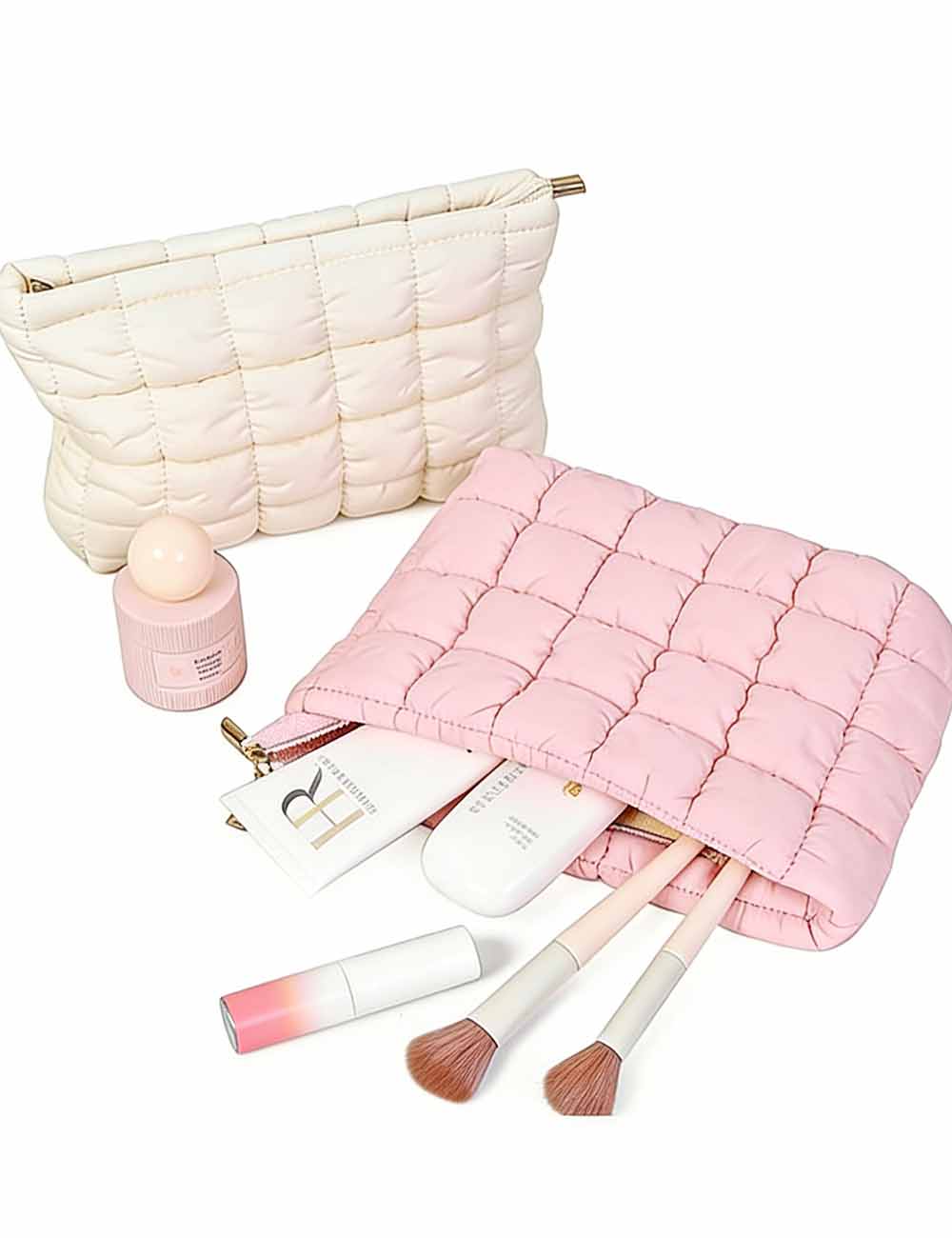 Ladies Solid Color Quilted Zip Closure Puffer Makeup Bag