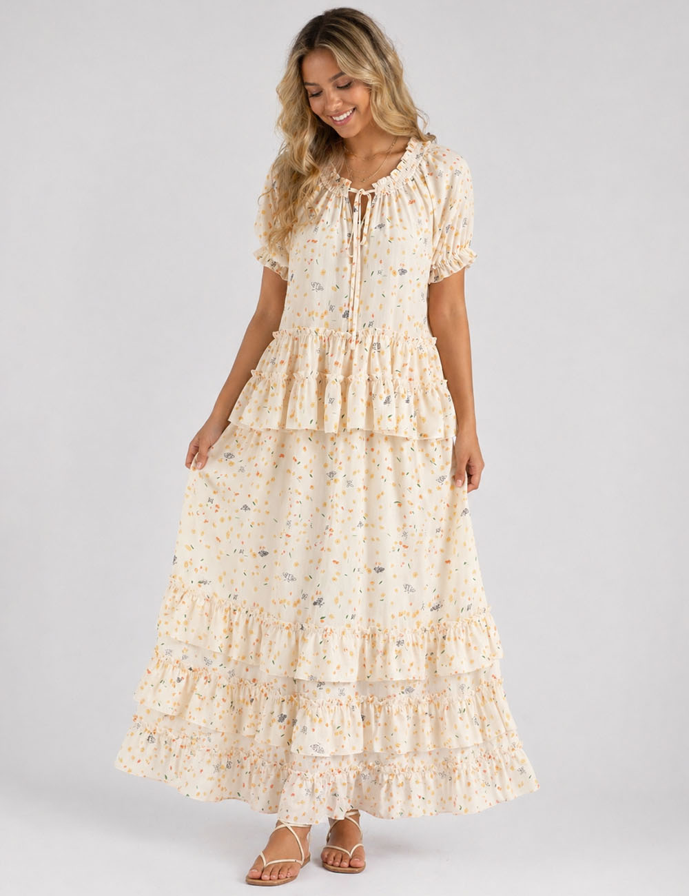 Ladies Floral Print Ruffle Blouse & Maxi Skirt Matching Set