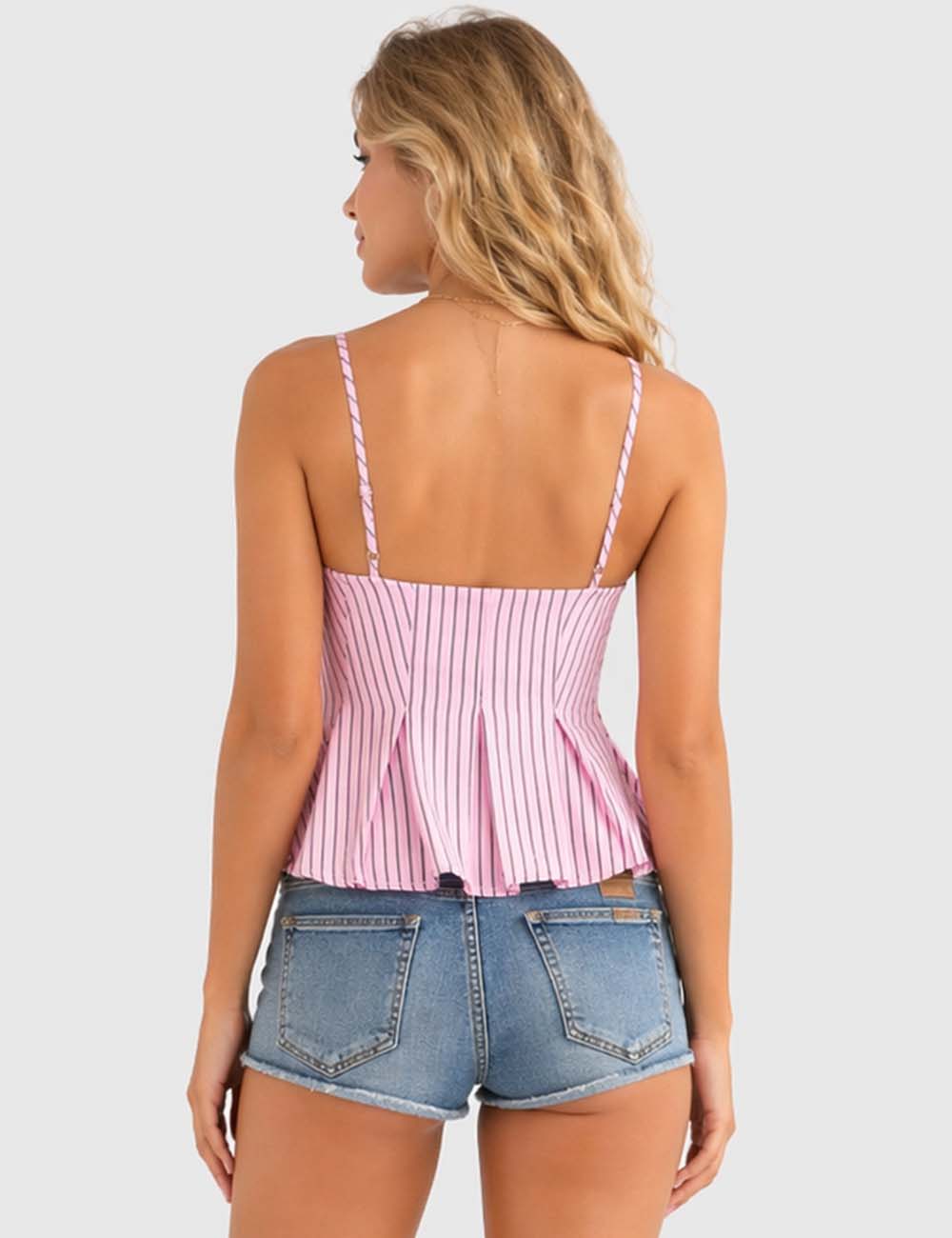 Ladies Chic Striped Spaghetti Strap Button Front Peplum Cami Top