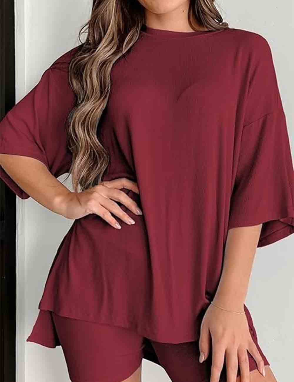 Ladies Solid Loungewear Outfits Loose Top & Slim Shorts Set