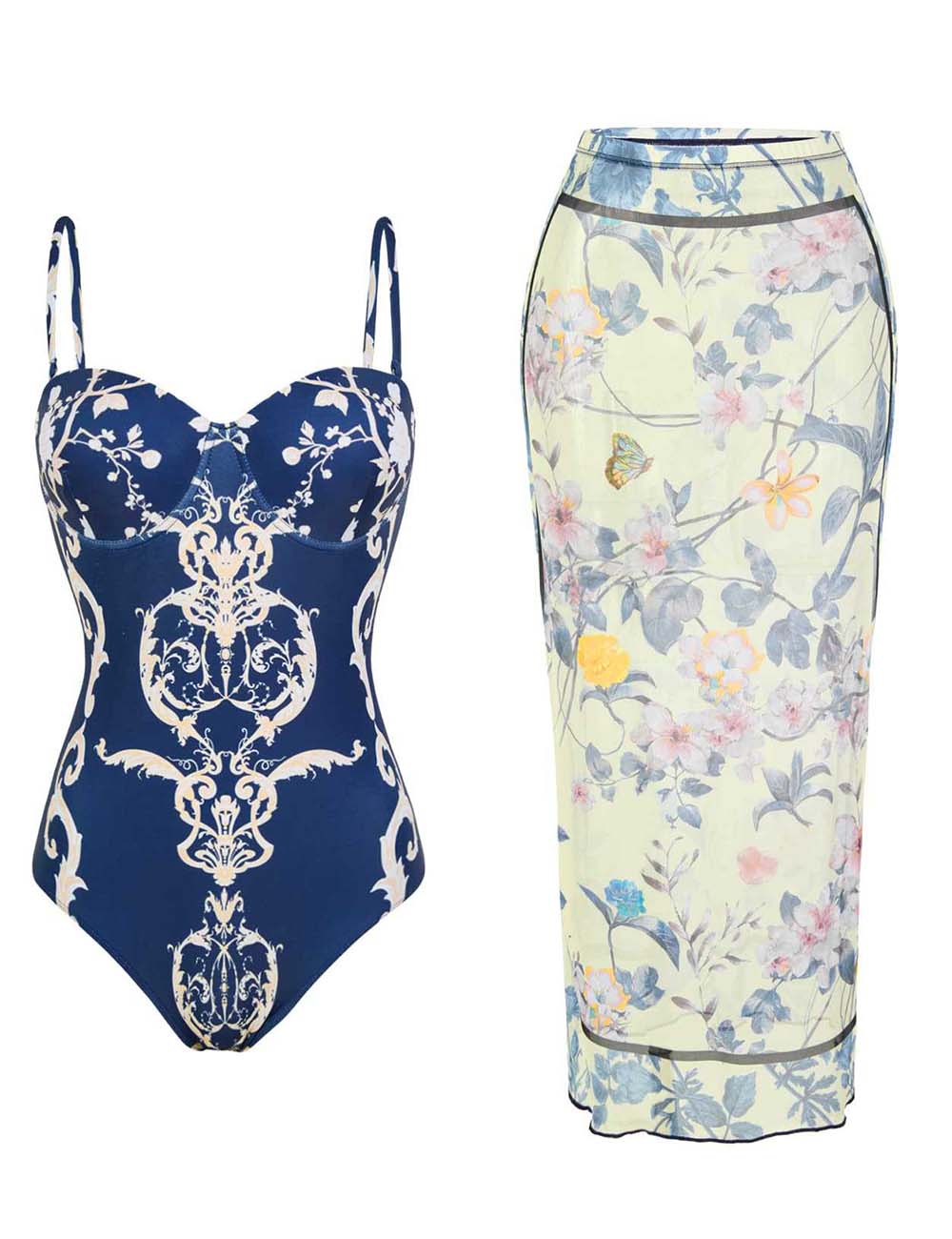 Ladies Floral Print One-Piece Swimsuit & Cover-Up Set