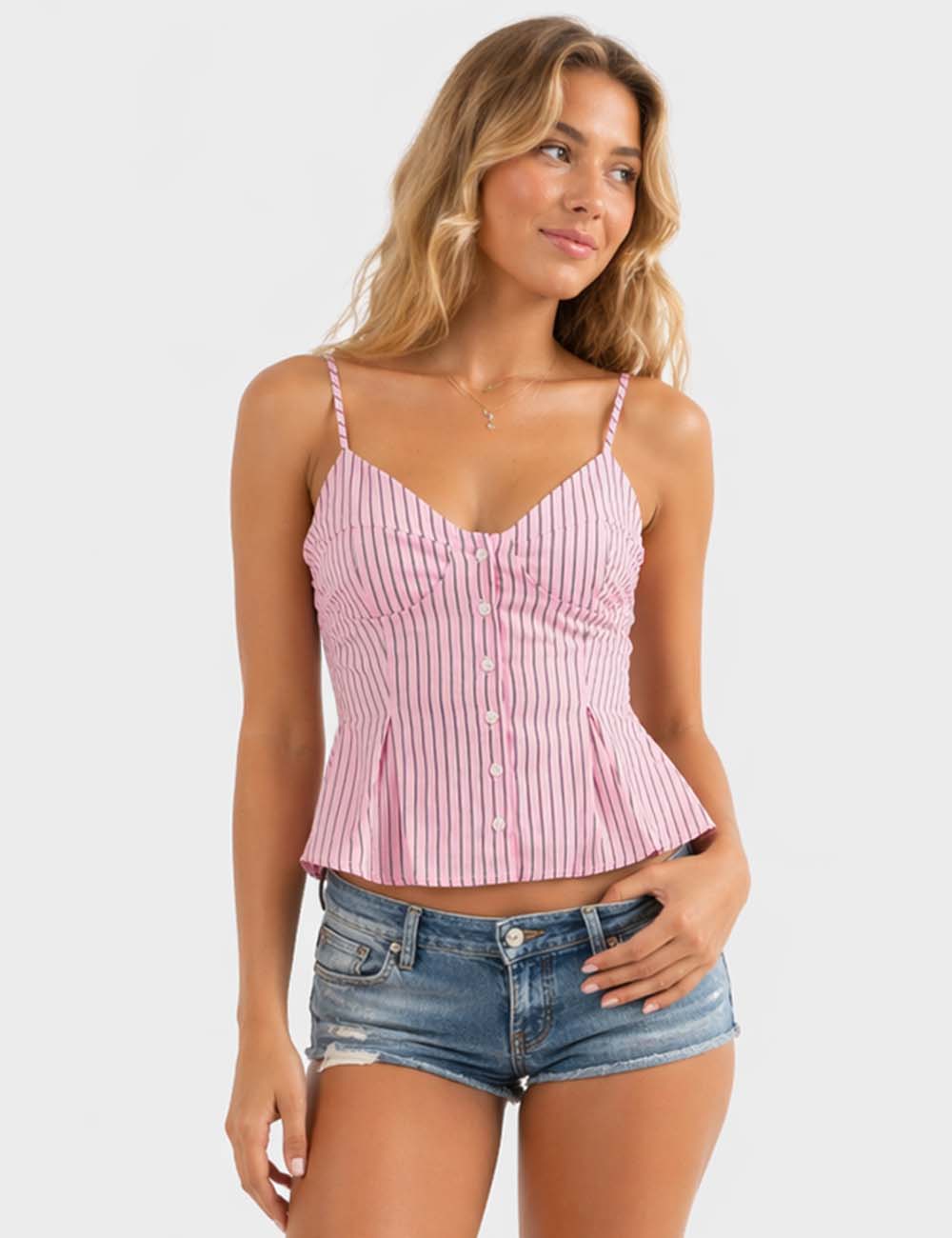Ladies Chic Striped Spaghetti Strap Button Front Peplum Cami Top