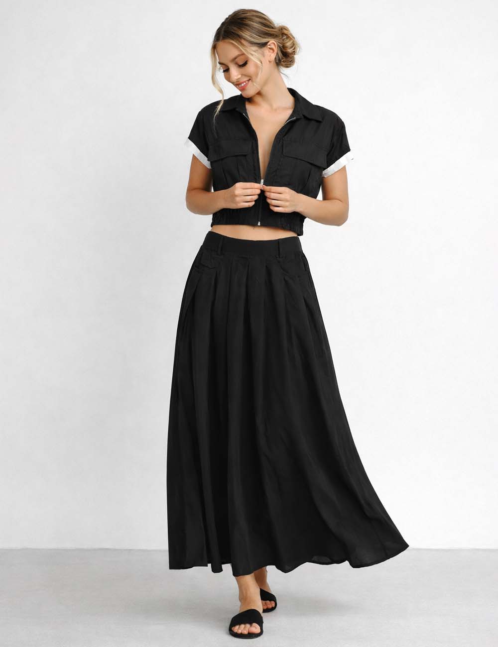 Ladies Zip-Up Utility Pocket Jacket Top & Maxi Skirt Matching Set