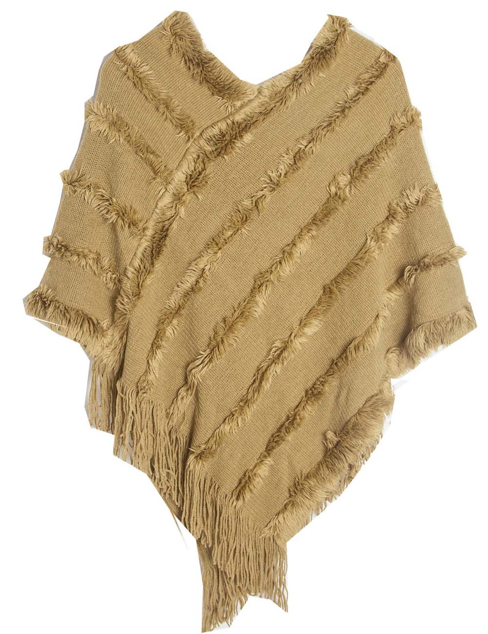 Ladies Tassel Trim Scarf V-Neck Solid Color Knit Shawl