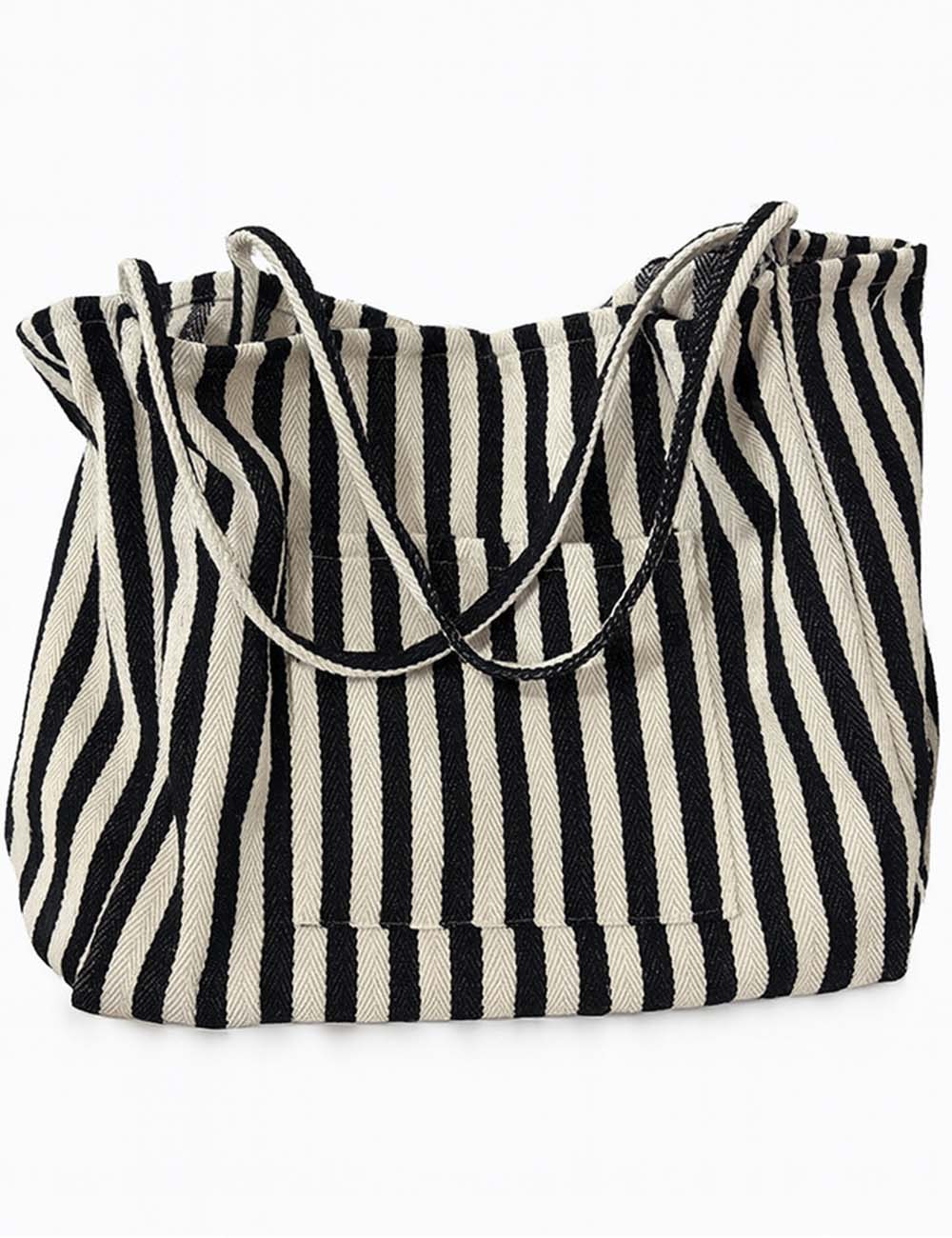 Ladies Striped Double Pocket Large Capacity Canvas Tote Bag