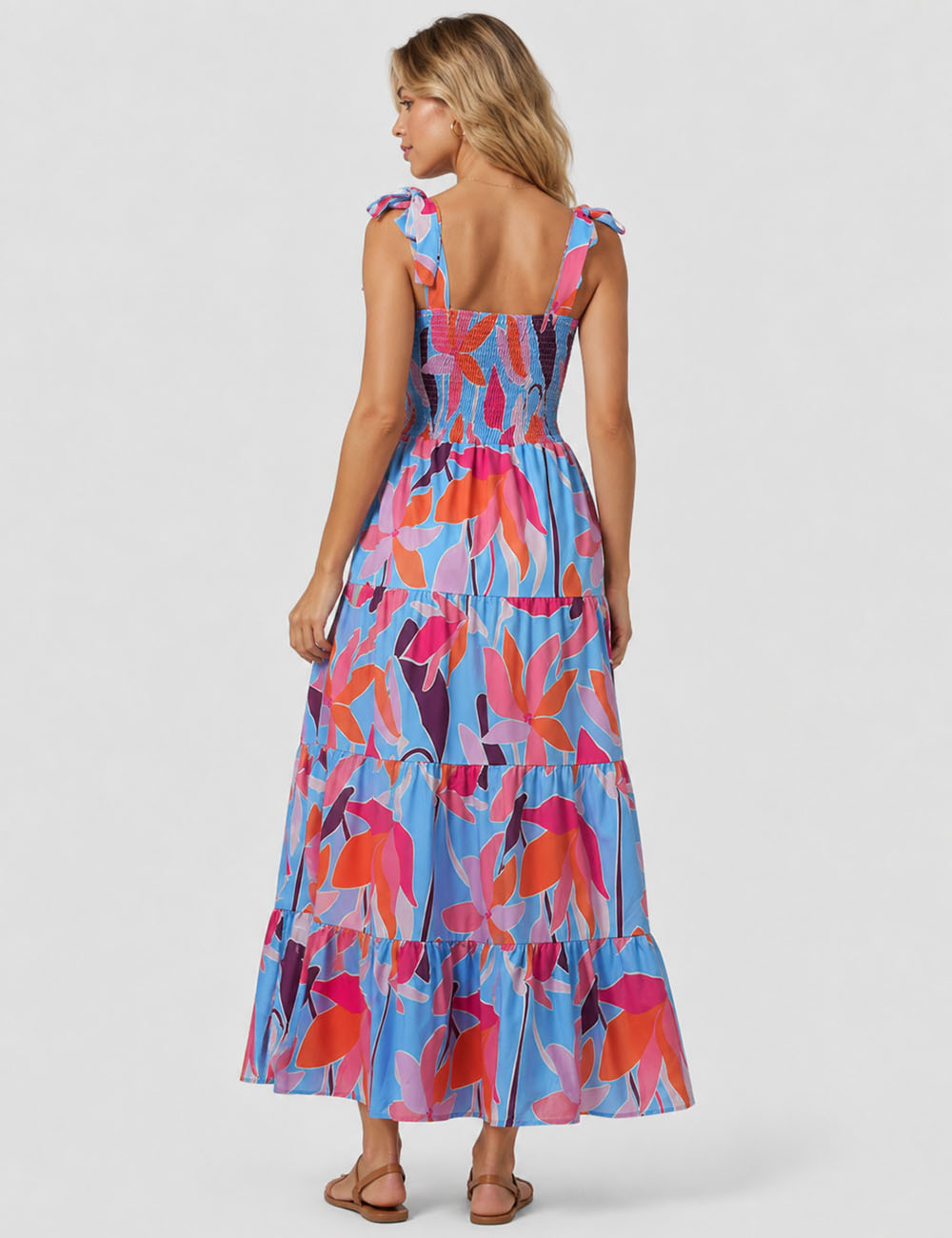 Ladies Abstract Print Smocked Tie Strap Square Neck Midi Dress