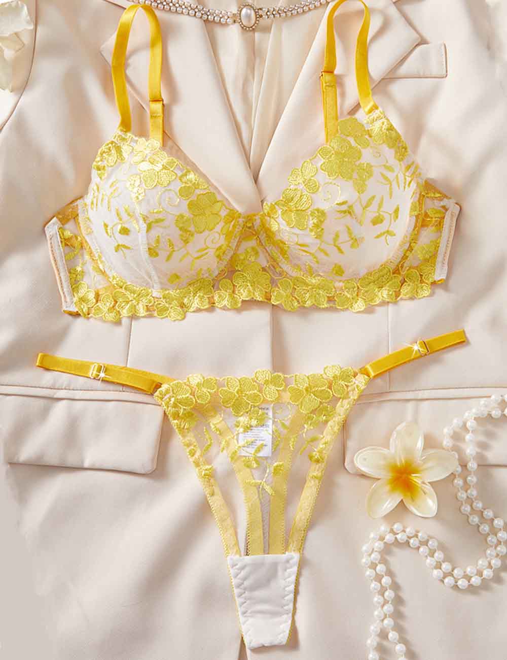 Ladies Sexy Solid Color Embroidery Sheer 2PCS Lingerie Set