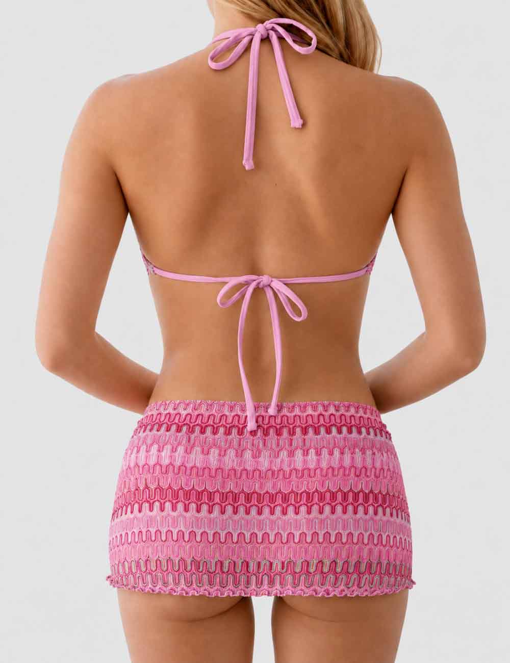 Ladies Wave Striped Knit Triangle Bikini Set with Cover Up Skirt