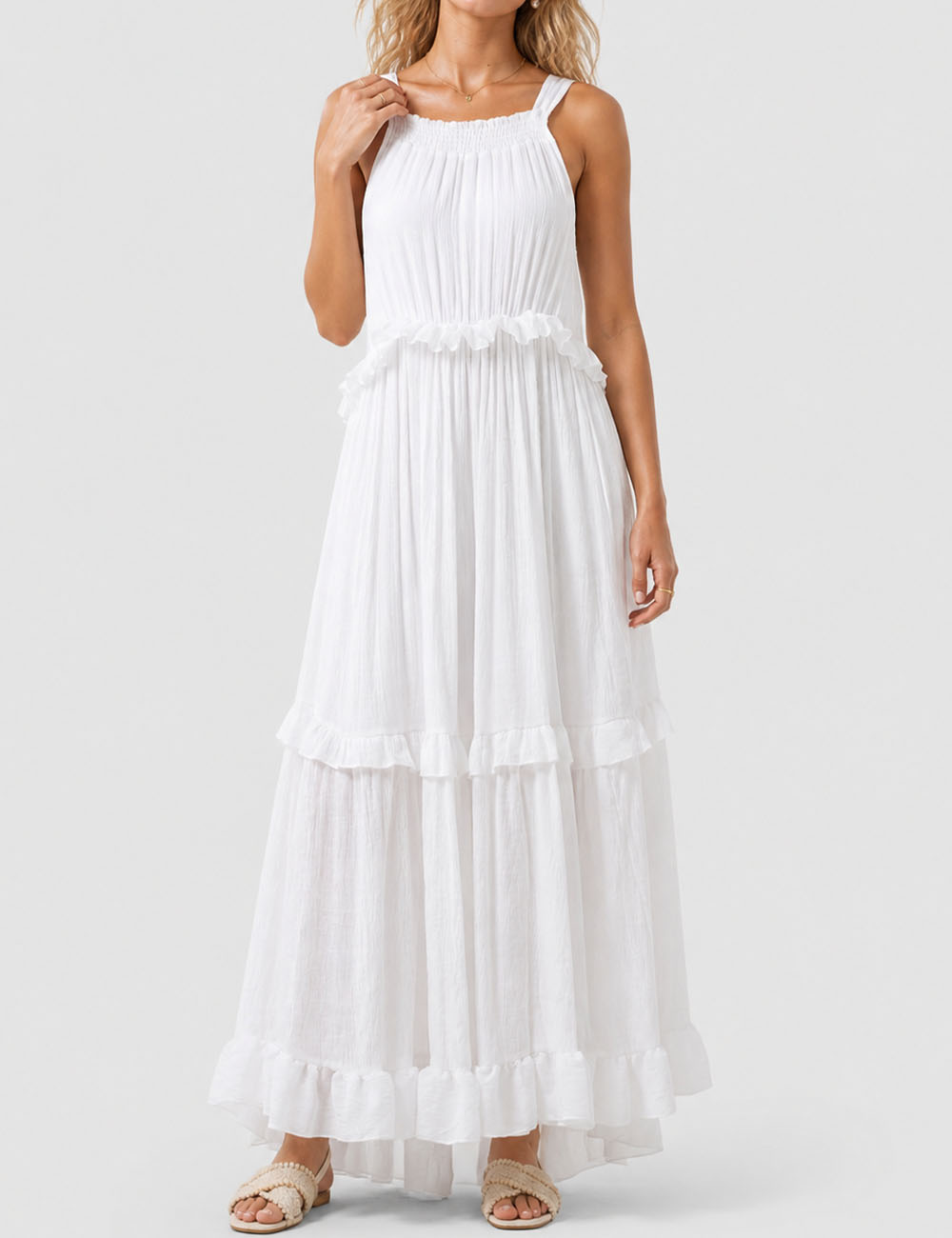 Ladies Boho Ruffle Tiered Hem Sleeveless Solid Color Maxi Dress