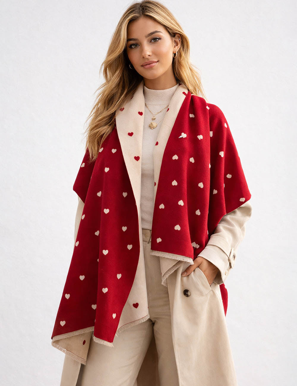 Ladies Valentine's Heart Jacquard Color Block Reversible Shawl Scarf