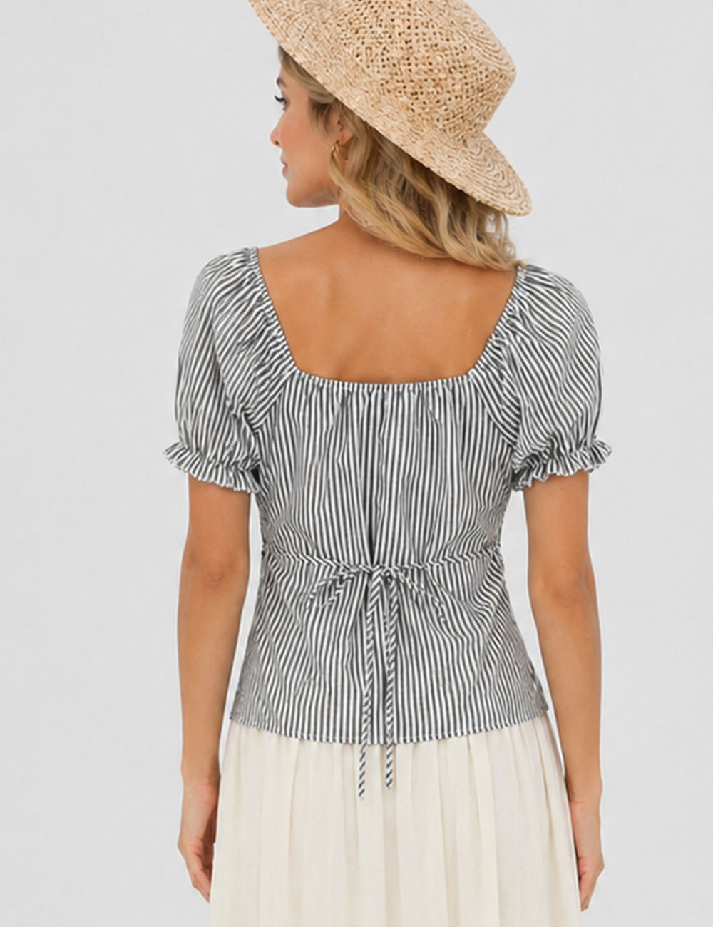 Ladies Striped Puff Sleeves Button Front Crop Top