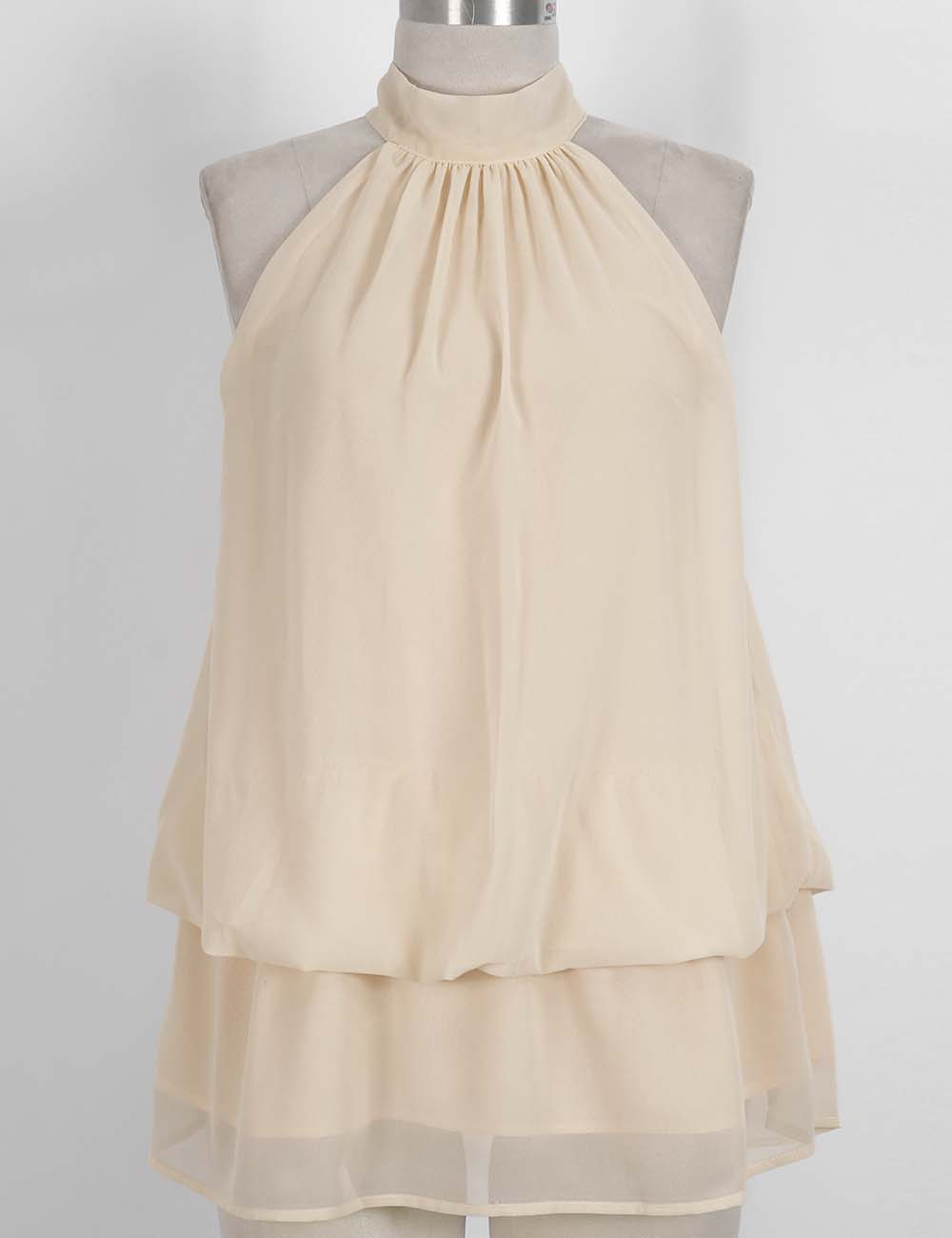 Ladies Chiffon Stand Neck Solid Color Ruffle Hem Sleeveless Top