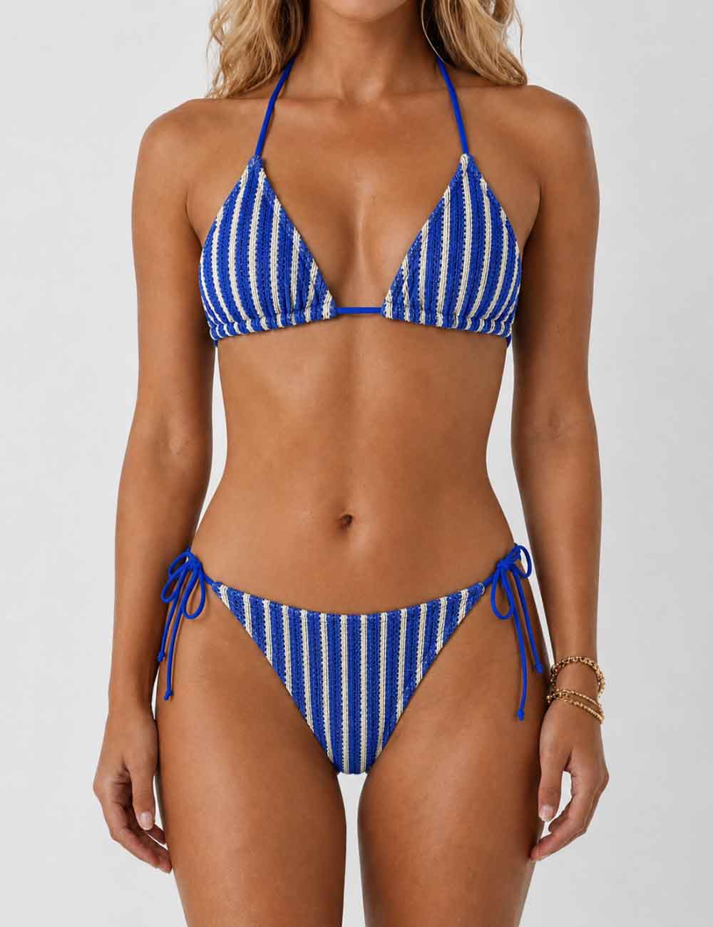 Ladies Striped Crochet Triangle 3 Piece Bikini Set With Cover Up Shorts
