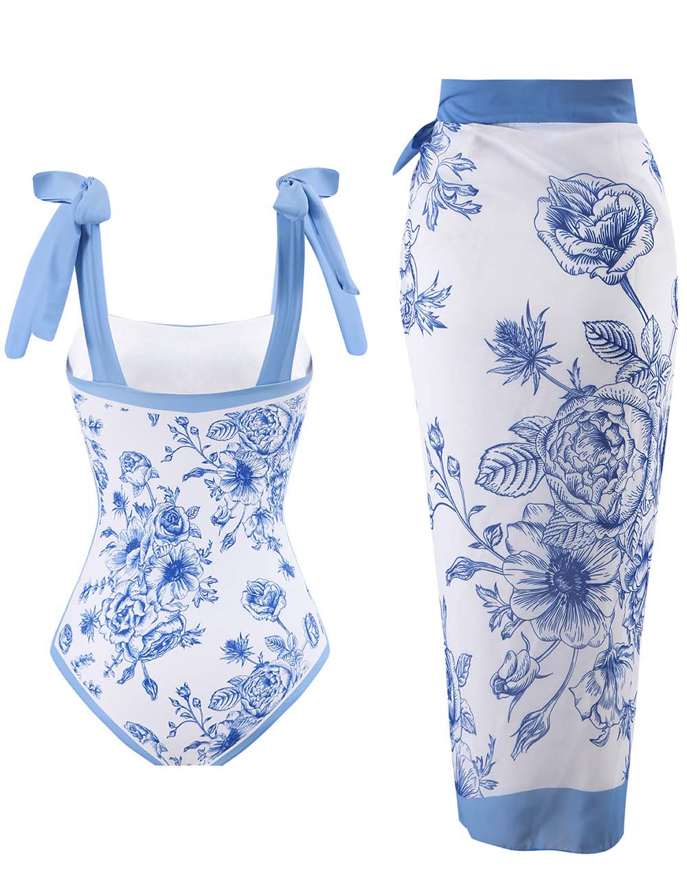 Ladies Floral Print One Piece Swimsuit with Wrap Tie Sarong