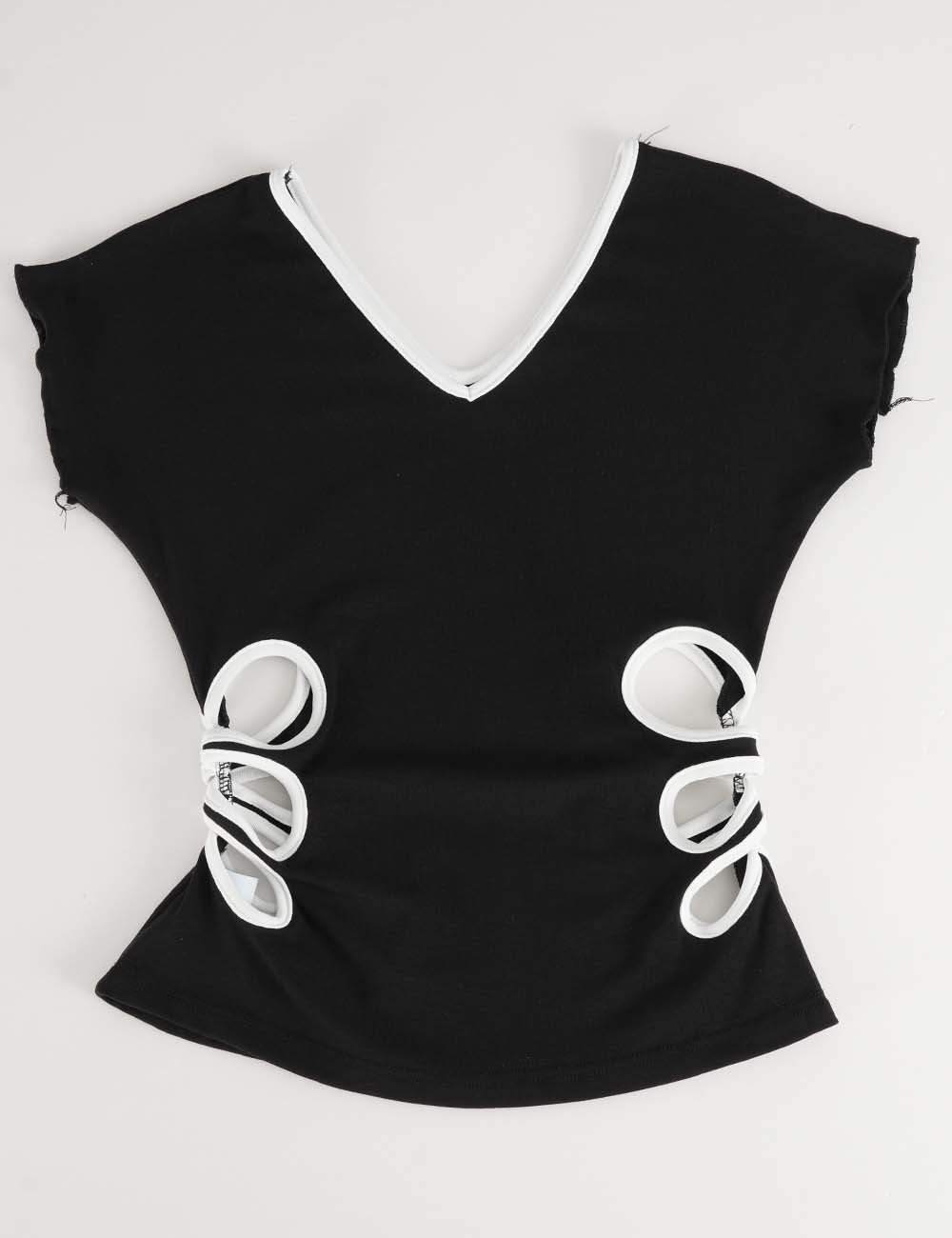 Ladies Color Block V-Neck Side Cutout Short Sleeves T-Shirt