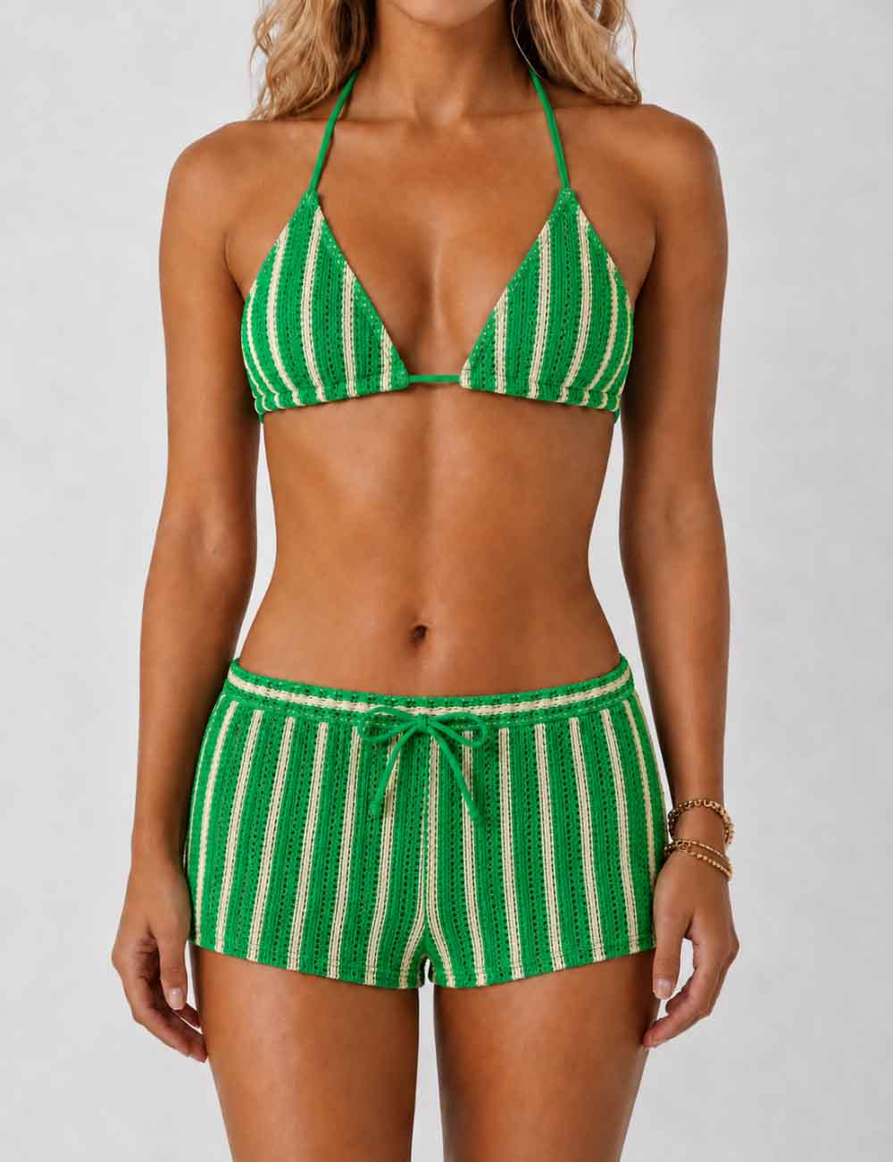 Ladies Striped Crochet Triangle 3 Piece Bikini Set With Cover Up Shorts