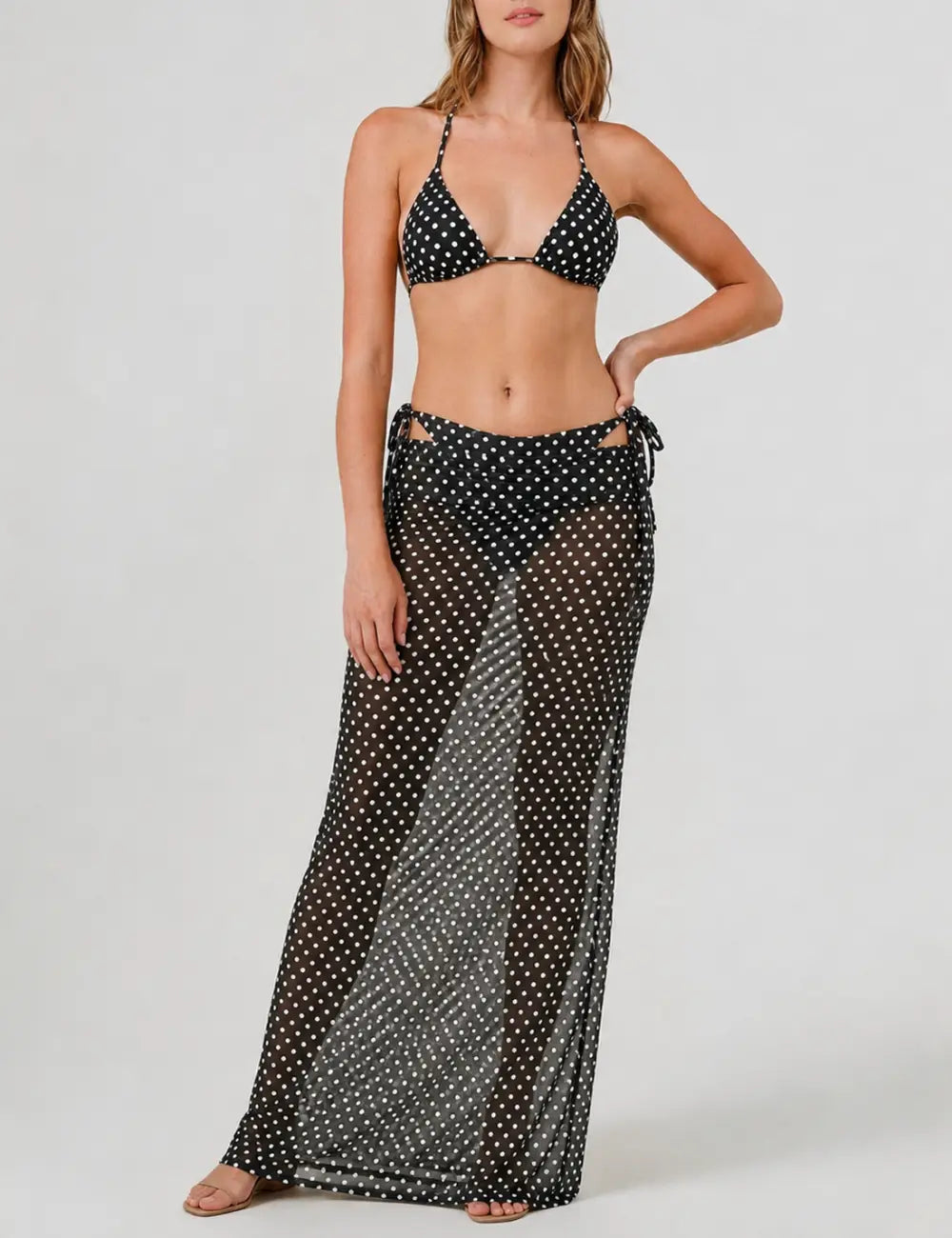 Ladies Polka Dots Print Halter Triangle Bikini Set with Salong