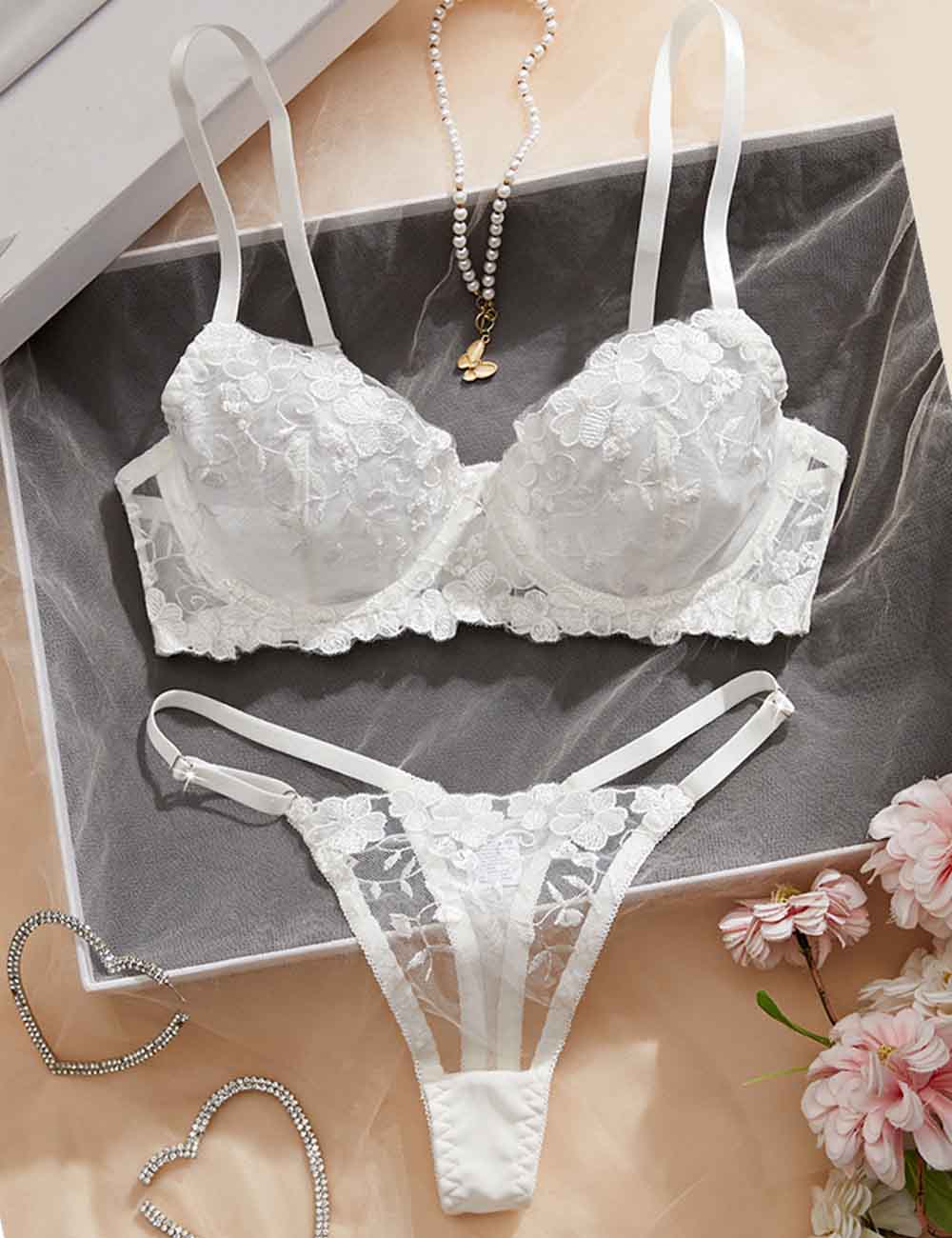 Ladies Sexy Solid Color Embroidery Sheer 2PCS Lingerie Set