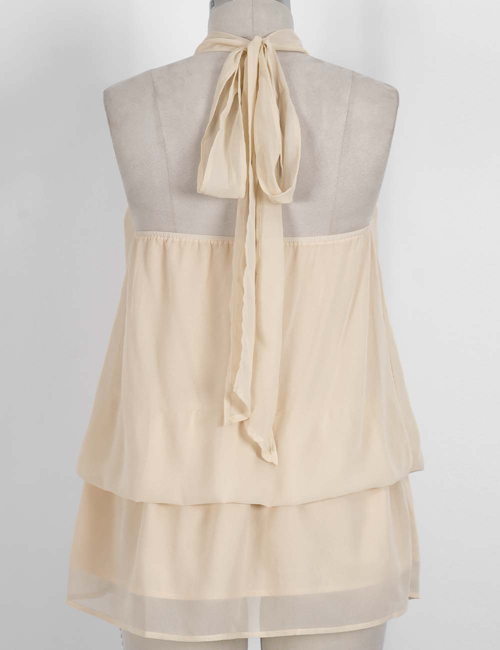 Ladies Chiffon Stand Neck Solid Color Ruffle Hem Sleeveless Top