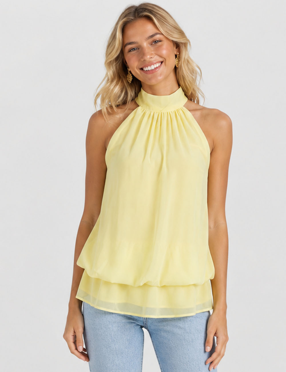 Ladies Chiffon Stand Neck Solid Color Ruffle Hem Sleeveless Top